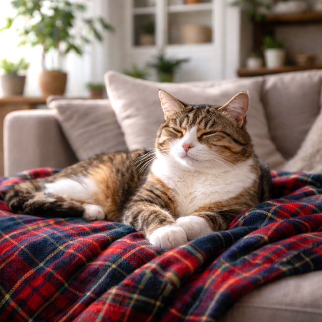 Chory kot na kocu na kanapie, ilustracja artykułu o FIP