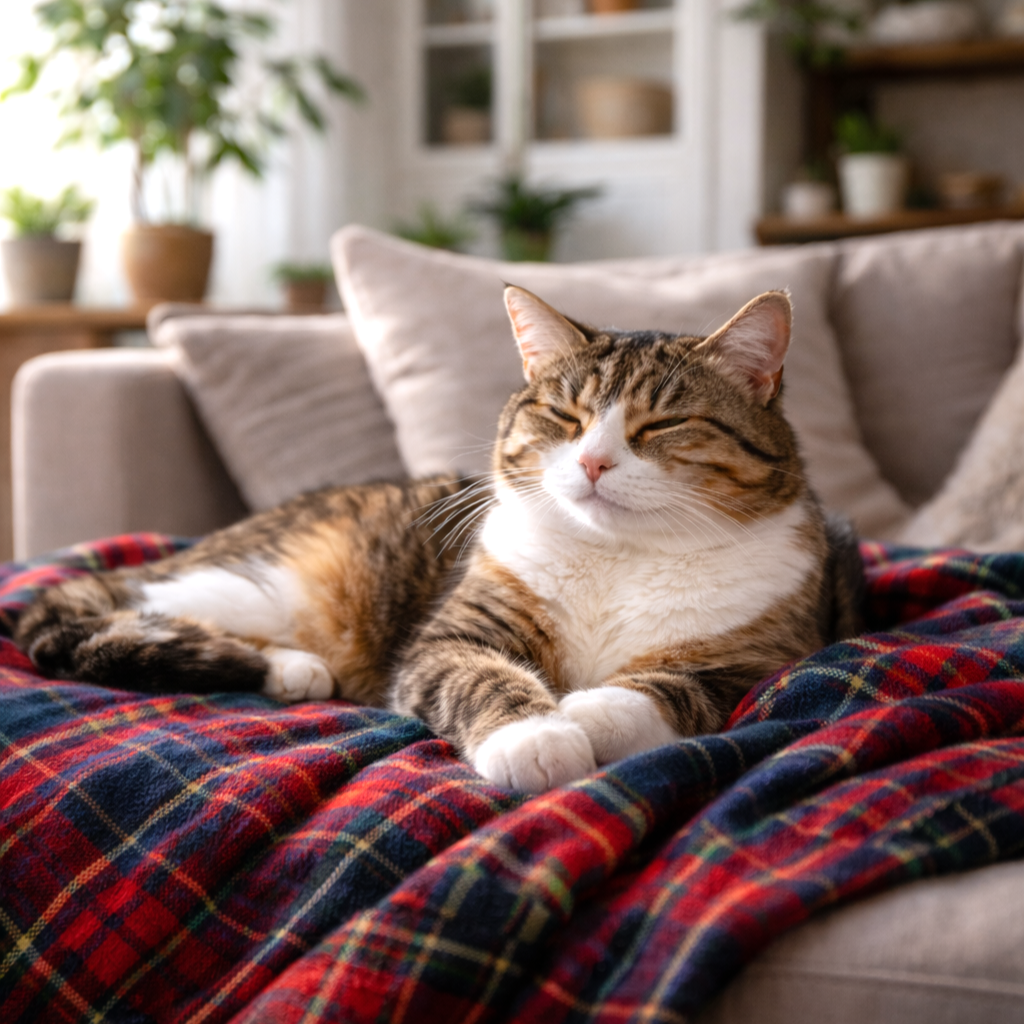 Chory kot na kocu na kanapie, ilustracja artykułu o FIP