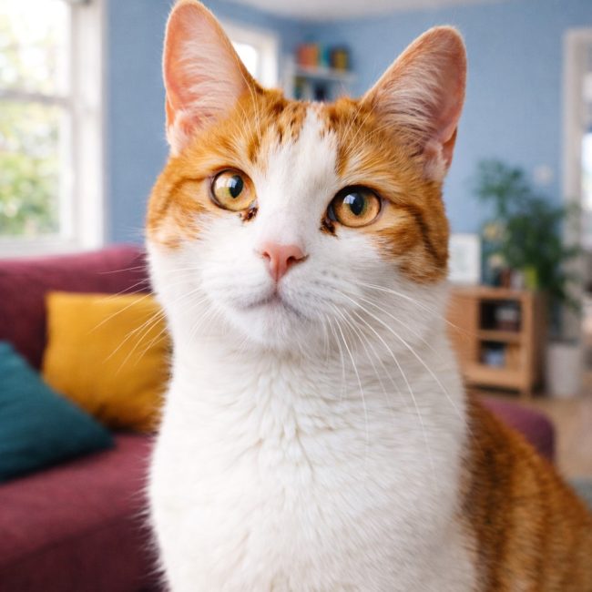 Biało-rudy kot z brązowymi grudkami w kącikach oczu