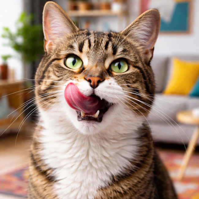 Oblizujący się pręgowany kot