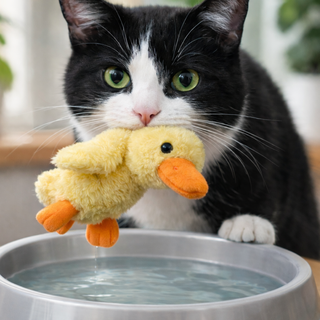 kot z zabawką w pysku nad miską z wodą