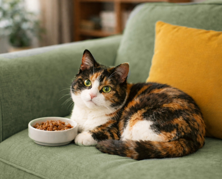 Kot leży obok pełnej miski z jedzeniem