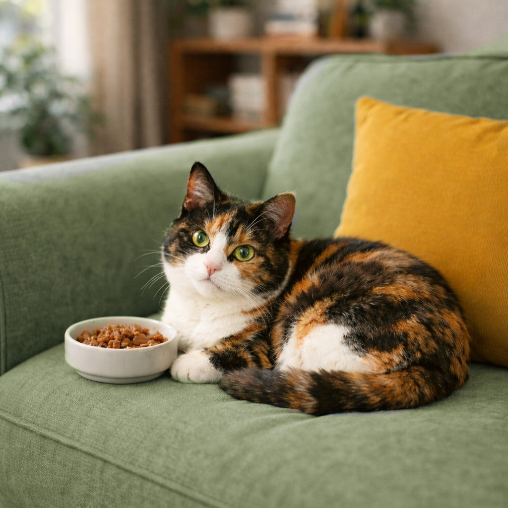 Kot leży obok pełnej miski z jedzeniem