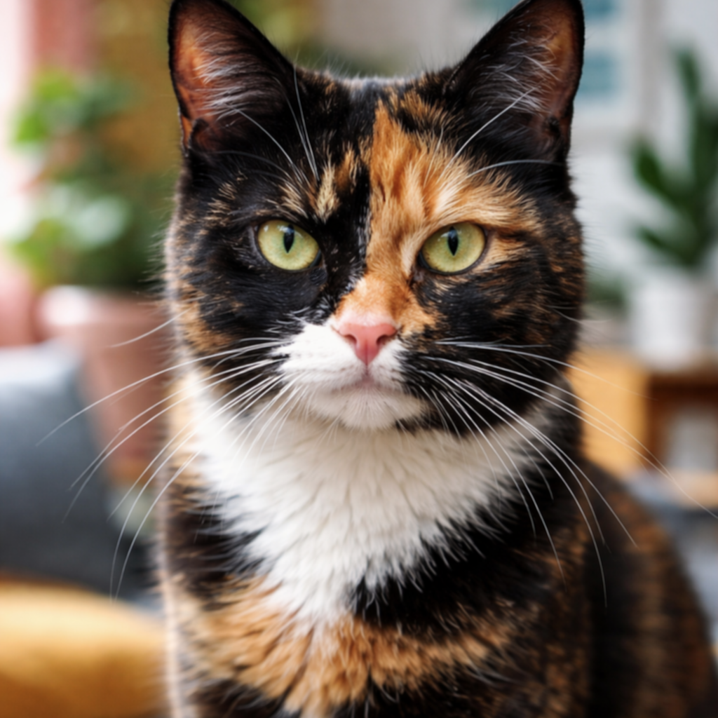 Szylkretowa kotka patrząca do kamery