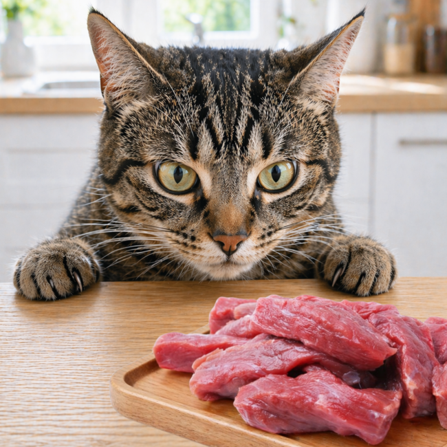 Pręgowany kot patrzący na deskę z pokrojonym mięsem. Ilustracja tekstu o diecie BARF.