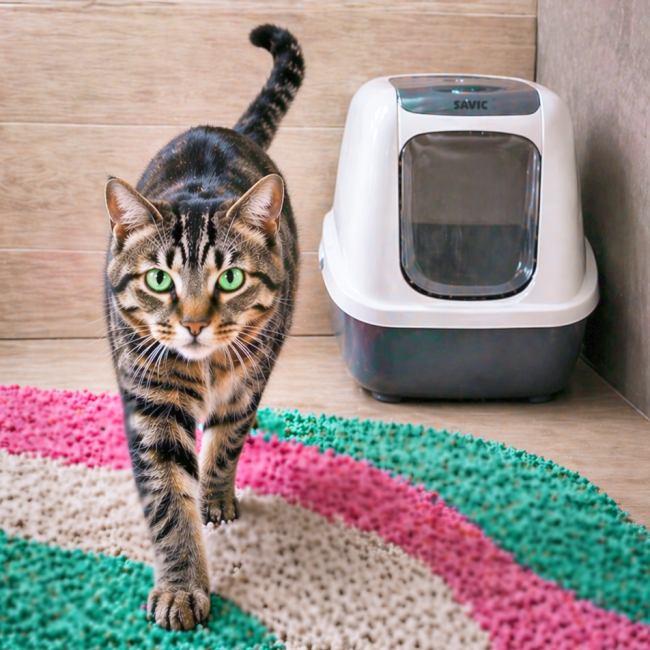 Kot wychodzący z kuwety, ilustracja do artykułu o biegunkach u kotów.