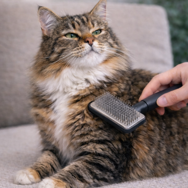 Pręgowany kot i ręka opiekuna ze szczotką