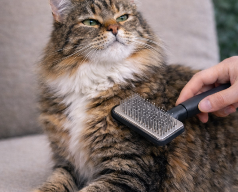 Pręgowany kot i ręka opiekuna ze szczotką