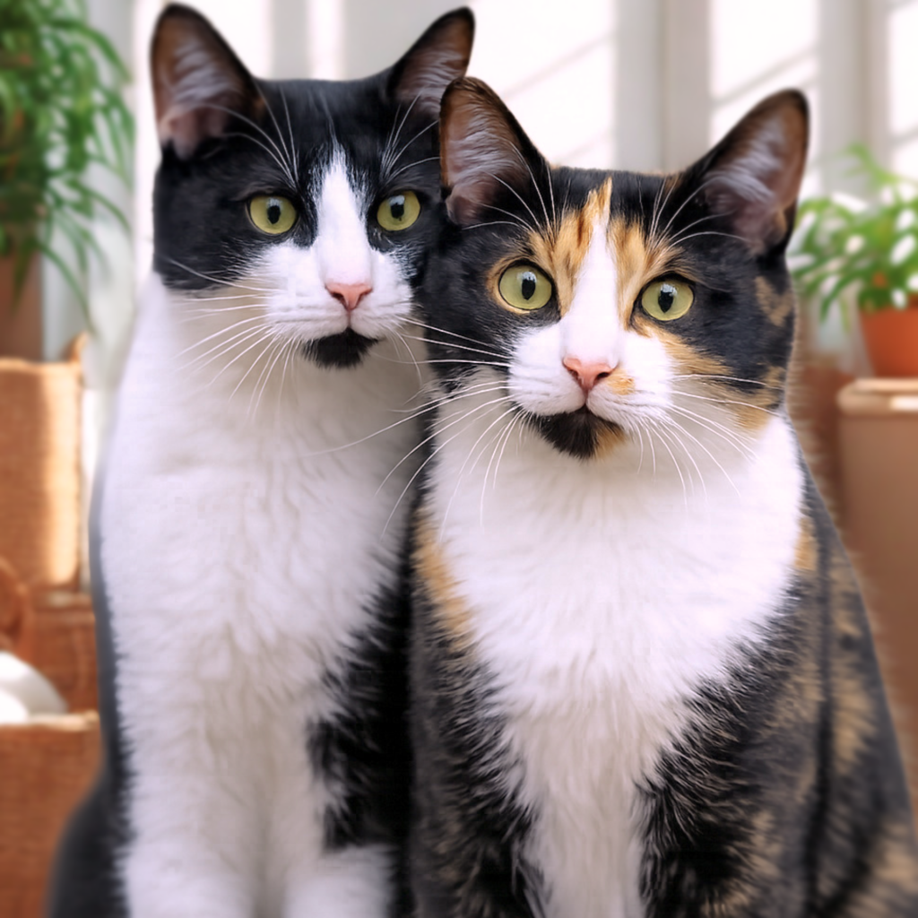 Biało-czarny kocur i trikolorowa kotka, ilustracja do tekstu o kastracji.