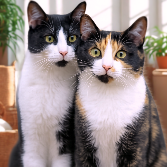 Biało-czarny kocur i trikolorowa kotka, ilustracja do tekstu o kastracji.