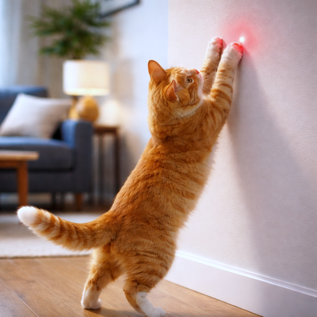 Kot bawi się laserem, poluje na światełko