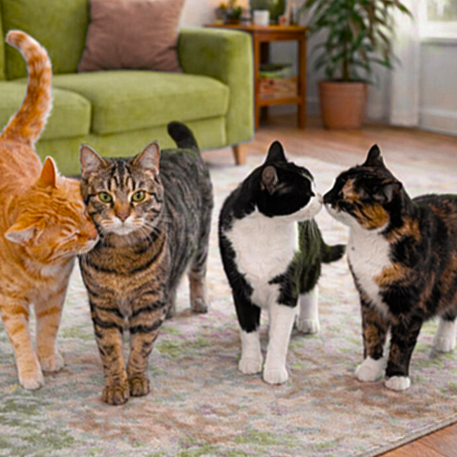 Cztery koty obok siebie, ilustracja do tekstu o życiu społecznym kotów.