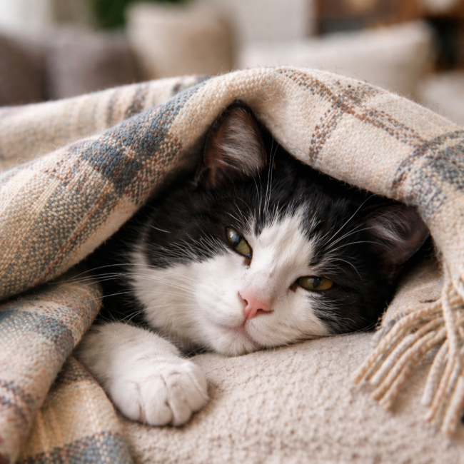 Starszy kot pod ciepłym kocem, ilustracja artykułu o opiece nad kocim seniorem.