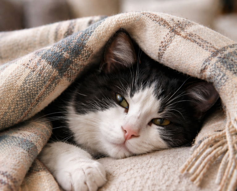 Starszy kot pod ciepłym kocem, ilustracja artykułu o opiece nad kocim seniorem.