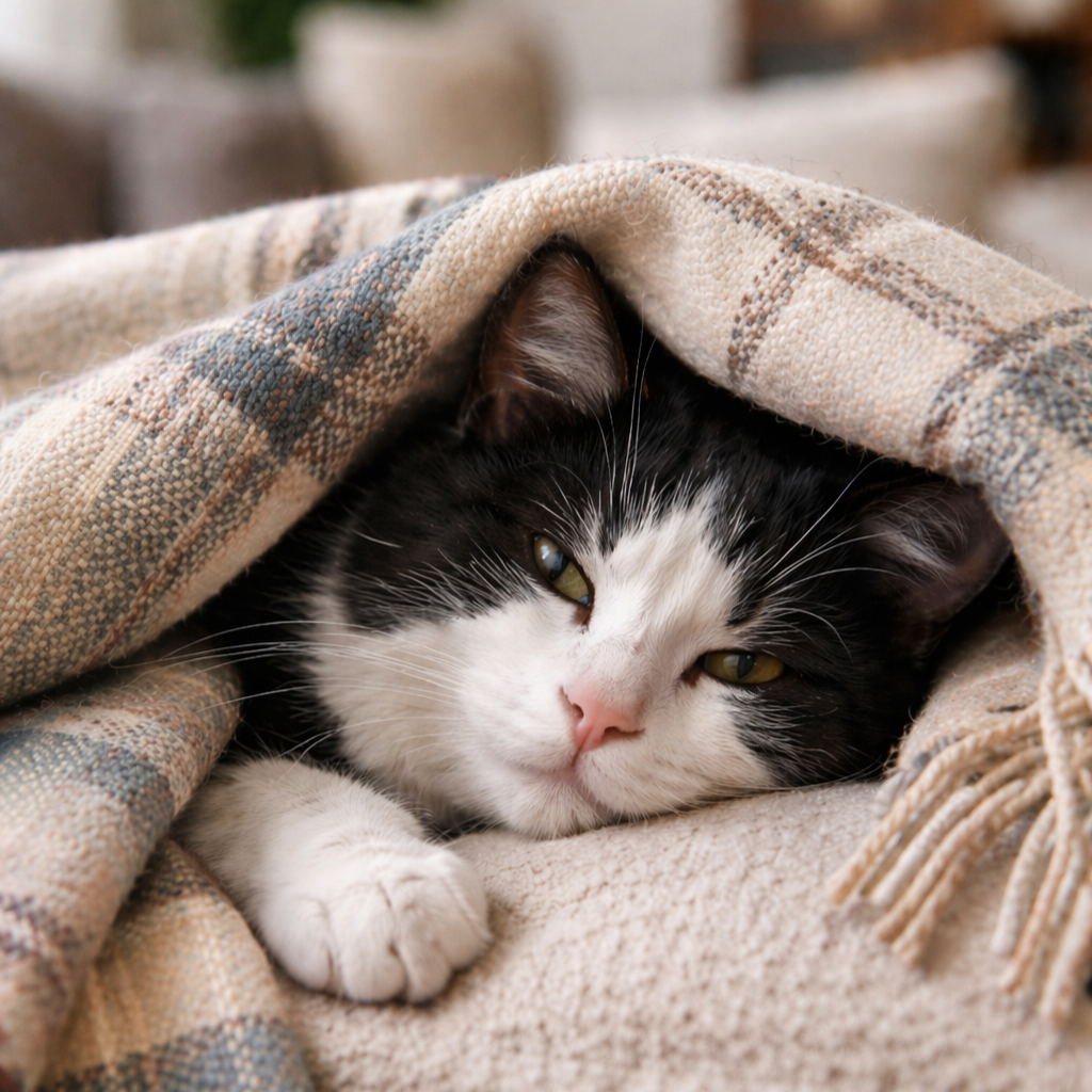 Starszy kot pod ciepłym kocem, ilustracja artykułu o opiece nad kocim seniorem.