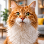 Rudo-biały kot z kłaczkiem w pysku.