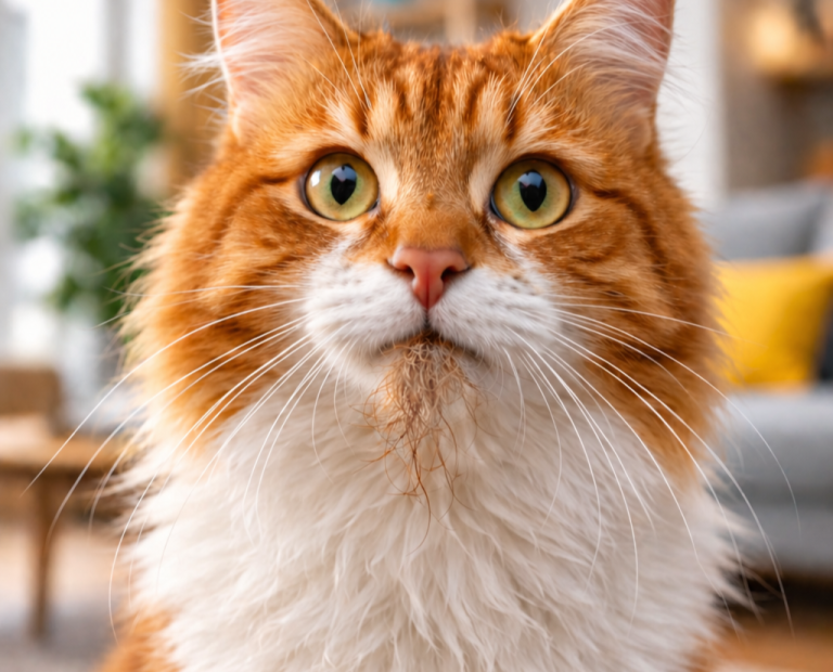 Rudo-biały kot z kłaczkiem w pysku.