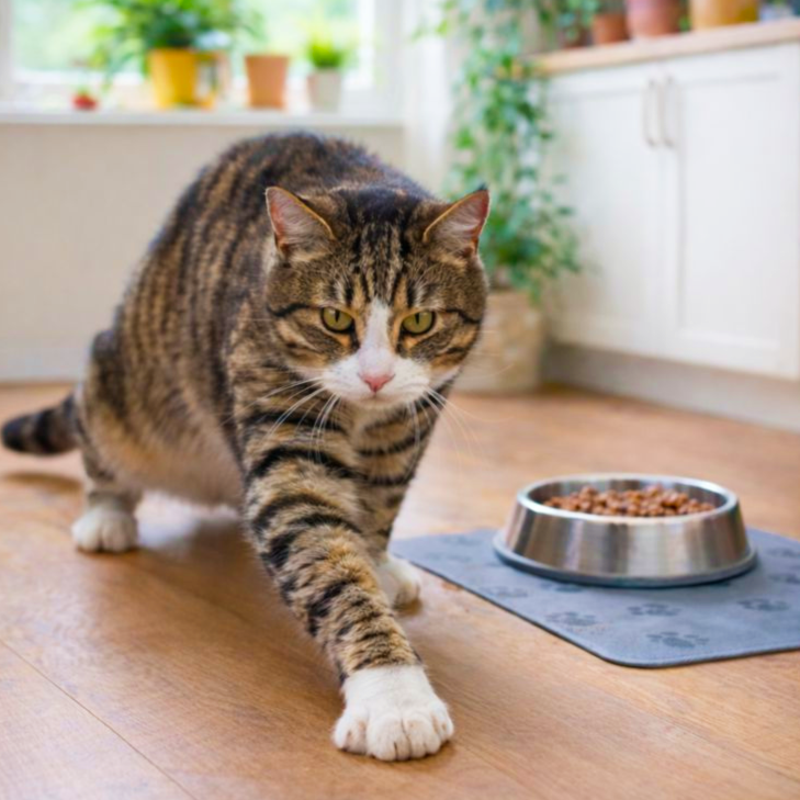 Kot zagrzebujący jedzenie w misce