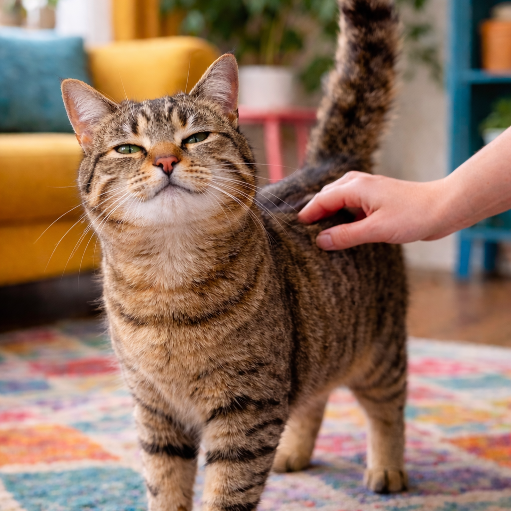 Pręgowany kot głaskany u nasady ogona