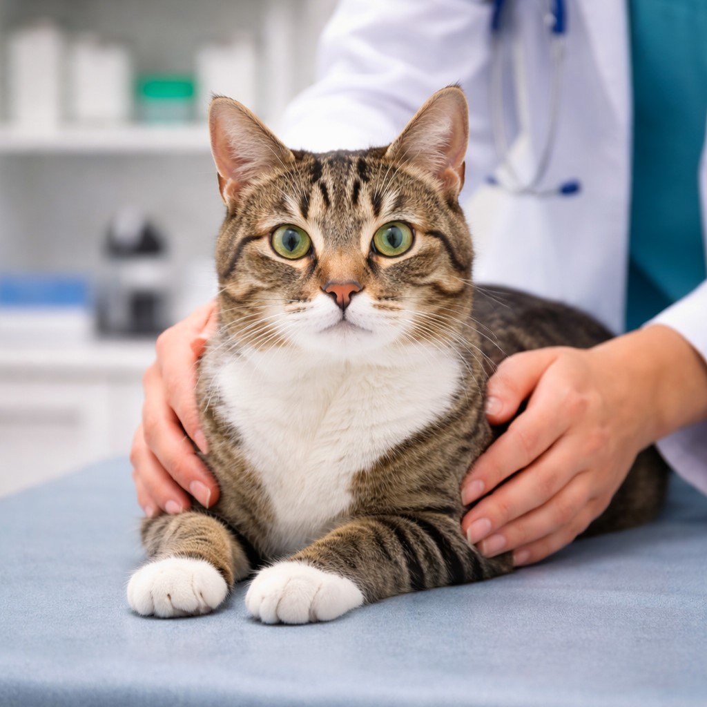 kot na stole u weterynarza, ilustracja do tekstu o karmach weterynaryjnych