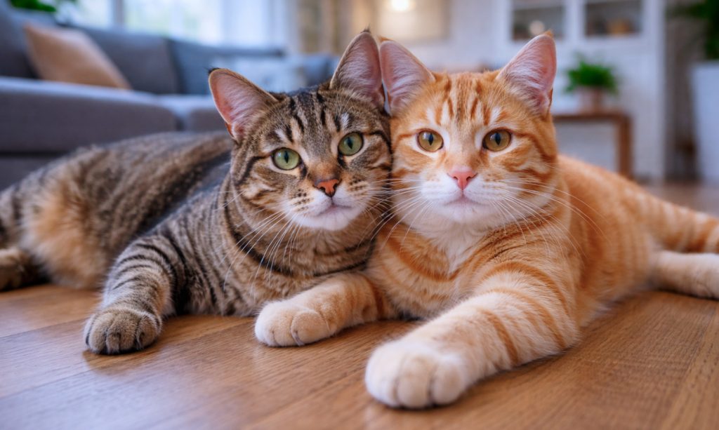 dwa koty leżące razem na podłodze w domu