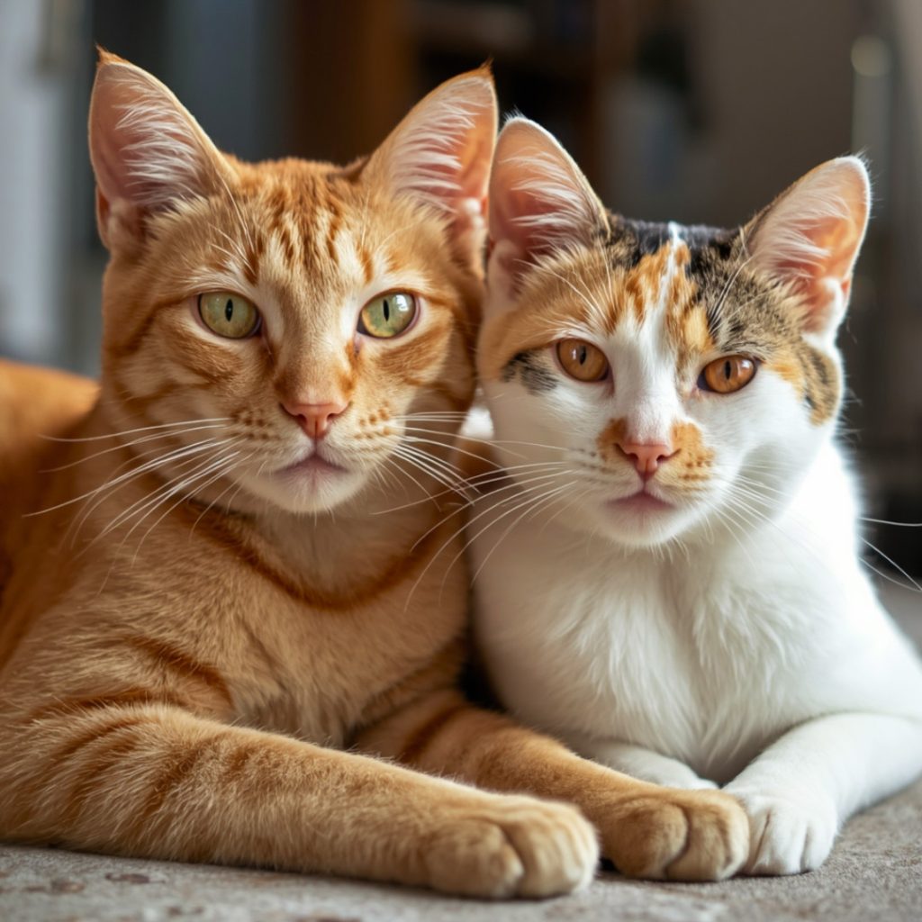 Rudy kot i trikolorowa kota leżą razem na podłodze.