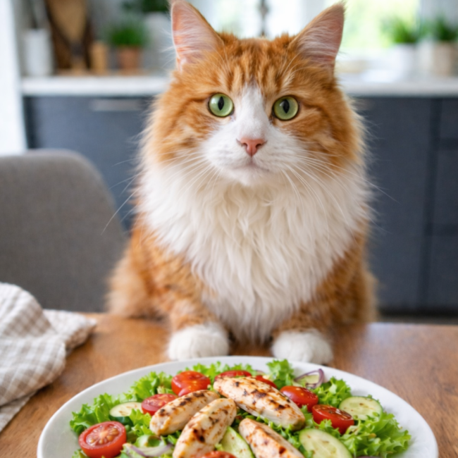 Rudo-biały kot nad sałatką z pomidorami i kurczakiem