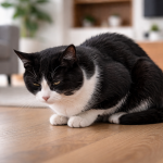czarno-biały kot w pozycji bólowej