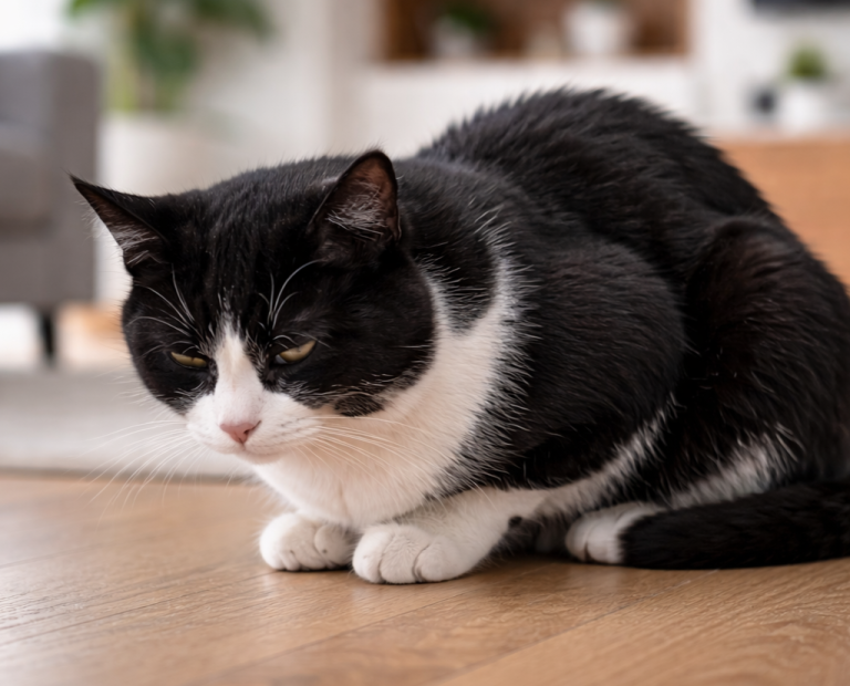 czarno-biały kot w pozycji bólowej