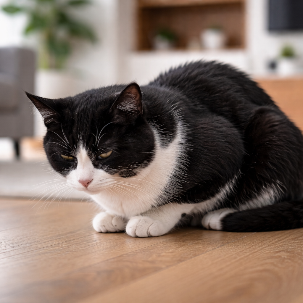 czarno-biały kot w pozycji bólowej