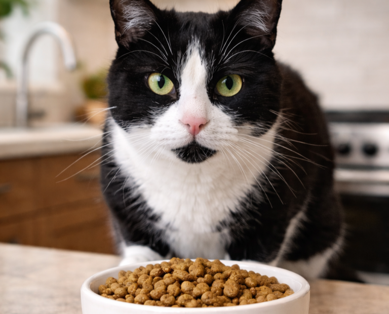 Czarno-biały kot nad miską z suchą karmą