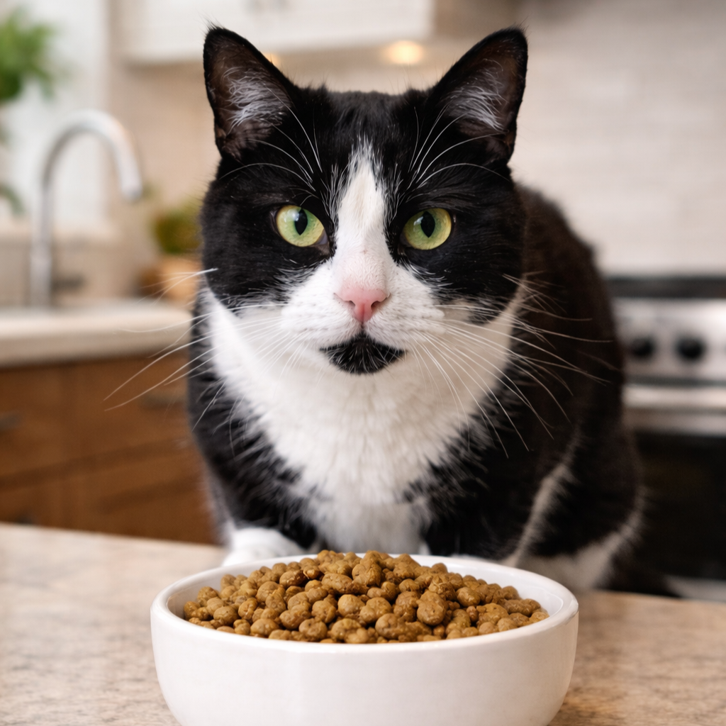 Czarno-biały kot nad miską z suchą karmą