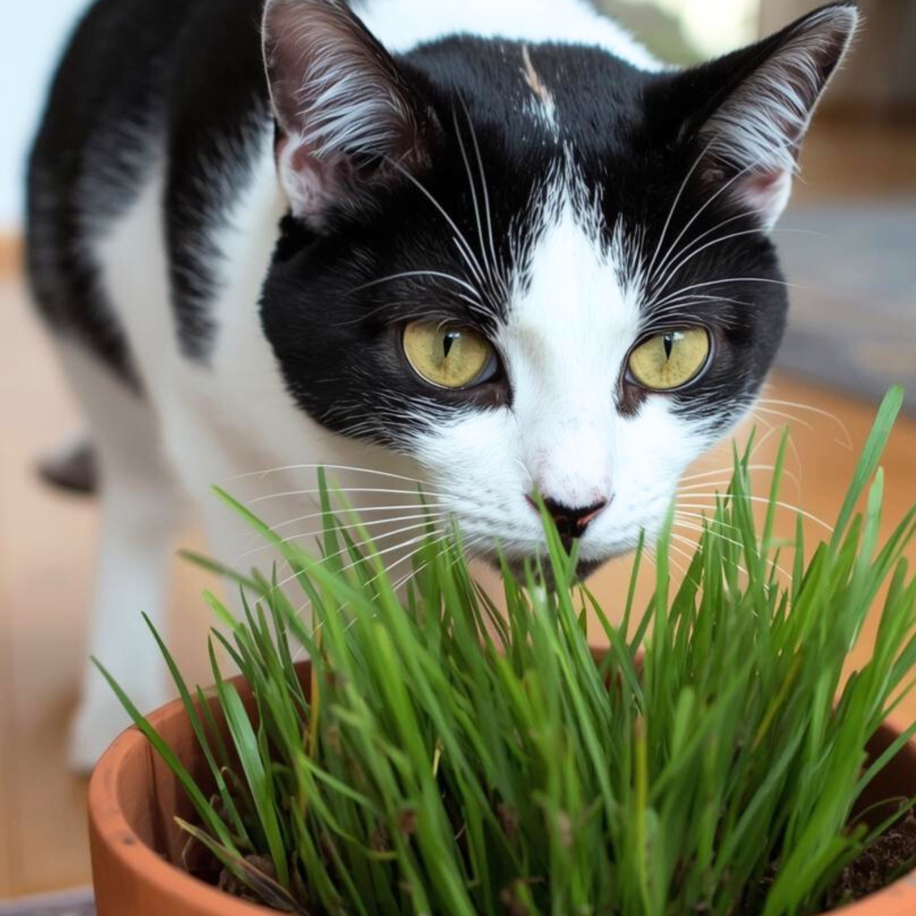 Biało-czarny kot nad doniczką z trawą
