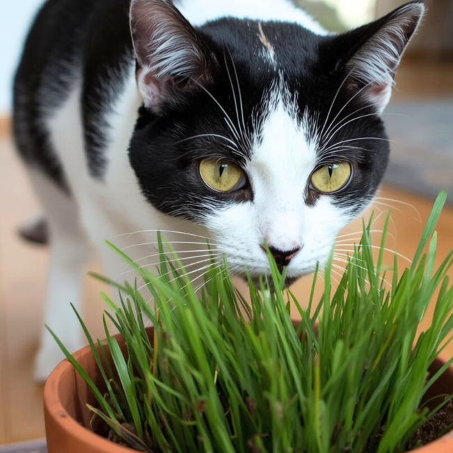 Biało-czarny kot nad doniczką z trawą