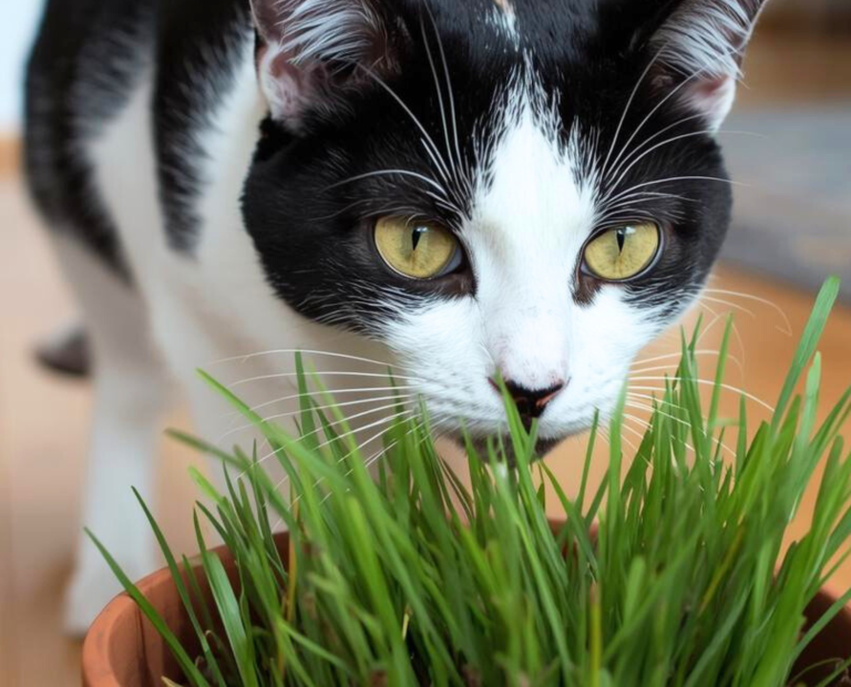 Biało-czarny kot nad doniczką z trawą
