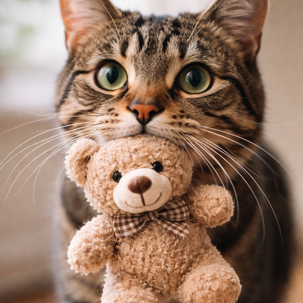 Kot trzymający w pysku zabawkę, ilustracja tekstu "Dlaczego kot zawodzi z zabawką w pysku".